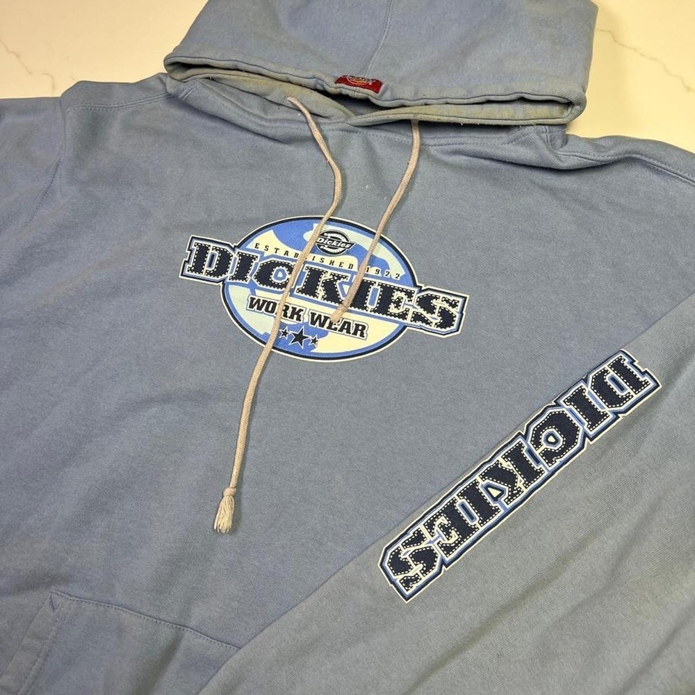 Dickies Hoodie Pullover Mens Blue Graphic Work Wear Sleeve Logo Sweatshirt